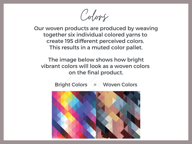 May include: A visual comparison of bright colors versus muted colors. The image shows how vibrant colors appear when woven together, resulting in a more muted color palette. The text reads "Bright Colors = Woven Colors".