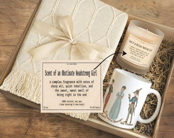 Jane Austen Care Package, Obstinate Headstrong Girl Bestfriend Gift, Hug in a Box, Blanket Mug & Candle Book Lover Gift Box