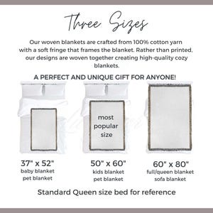 May include: Three woven cotton blankets with fringe, shown on a queen-sized bed. The blankets are available in three sizes: 37" x 52", 50" x 60", and 60" x 80".