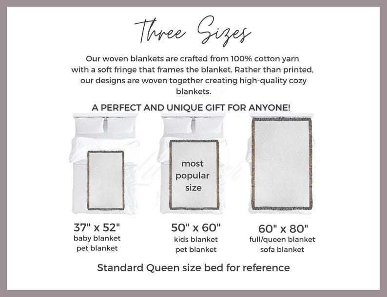 May include: Three woven cotton blankets with fringe, shown on a queen-sized bed. The blankets are available in three sizes: 37" x 52", 50" x 60", and 60" x 80".