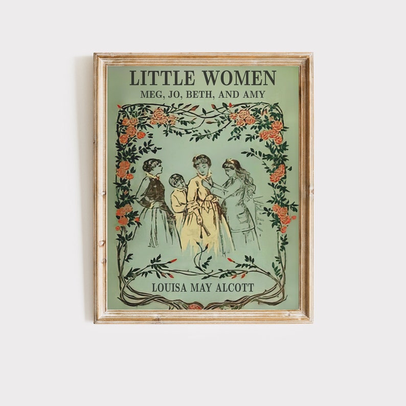 K&ouml;nnte beinhalten: Eine Vintage-Buchcover-Illustration f&uuml;r "Little Women" von Louisa May Alcott. Das Cover zeigt vier M&auml;dchen in viktorianischer Kleidung mit einem floralen Rand und einem hellblauen Hintergrund.