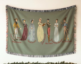 Jane Austen Blanket Featuring Comfort Characters Mr Darcy Elizabeth Bennet Emma & Pride and Prejudice for a Cozy Book Lover Janeite Gift