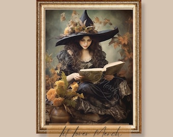Impresión artística de bruja oscura estilo cottagecore de Whimsigoth, póster de Dark Academia, decoración de witchcore, póster de bruja oscura estilo cottagecore, impresión giclée de otoño