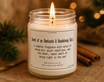 Jane Austen Candle Obstinate Headstrong Girl, 4 oz & 9 oz Funny Janeite Jar Candle, Punny Literary Book Lover Gift, Bookish Reader Present
