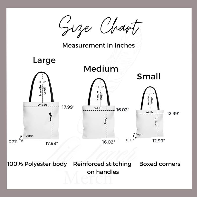 the size chart for a tote bag with measurements