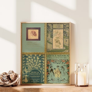 K&ouml;nnte beinhalten: Eine Collage aus vier klassischen Buchumschl&auml;gen mit goldenen Akzenten. Die Umschl&auml;ge zeigen Illustrationen einer Frau, eines Pfaus, von Blumen und vier M&auml;dchen. Die Titel der B&uuml;cher sind "Anne of Green Gables", "Jane Eyre", "Pride & Prejudice" und "Little Women".