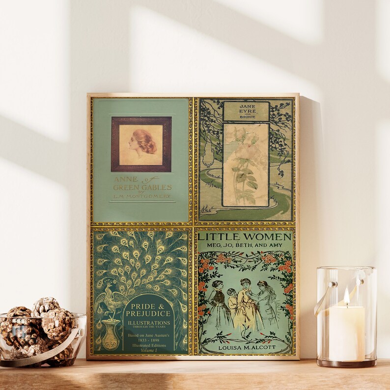 K&ouml;nnte beinhalten: Eine Collage aus vier klassischen Buchumschl&auml;gen mit goldenen Akzenten. Die Umschl&auml;ge zeigen Illustrationen einer Frau, eines Pfaus, von Blumen und vier M&auml;dchen. Die Titel der B&uuml;cher sind "Anne of Green Gables", "Jane Eyre", "Pride & Prejudice" und "Little Women".