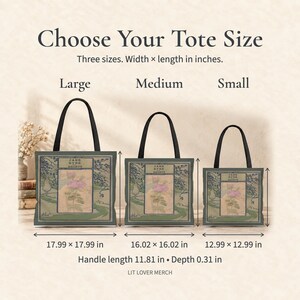 May include: Three tote bags in large, medium, and small sizes, each featuring a Jane Eyre book cover print with a pink rose. Dimensions are 17.99 x 17.99 inches, 16.02 x 16.02 inches, and 12.99 x 12.99 inches. Handle length is 11.81 inches, depth 0.31 inches.