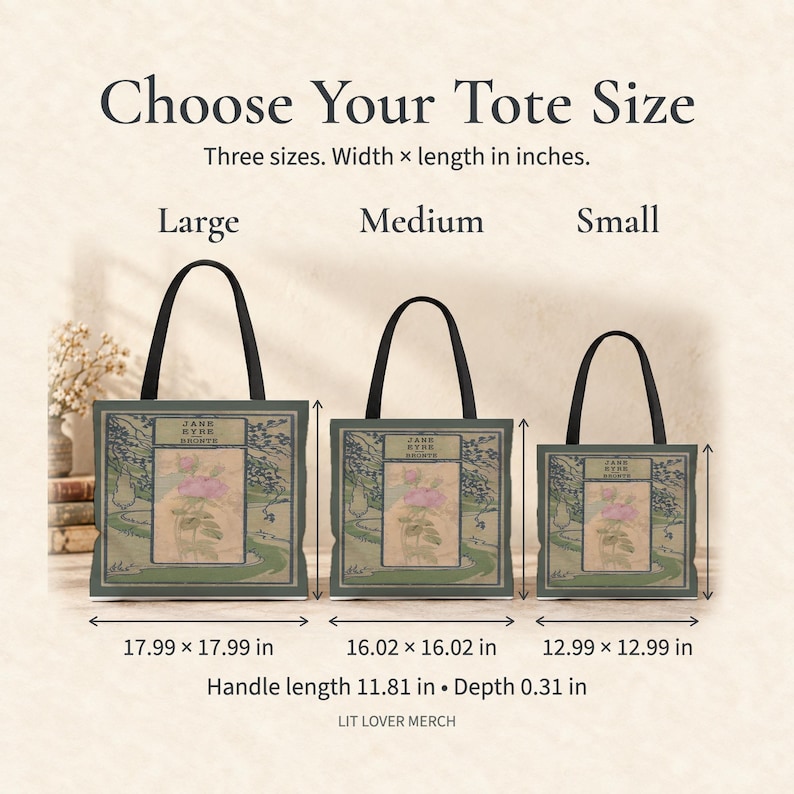 May include: Three tote bags in large, medium, and small sizes, each featuring a Jane Eyre book cover print with a pink rose. Dimensions are 17.99 x 17.99 inches, 16.02 x 16.02 inches, and 12.99 x 12.99 inches. Handle length is 11.81 inches, depth 0.31 inches.