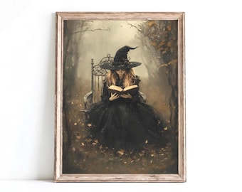 Arte mural de Dark Academia Witchcore, póster de bruja otoñal leyendo en una silla, regalo para amantes de los libros góticos, impresión artística de estilo cottagecore otoñal.