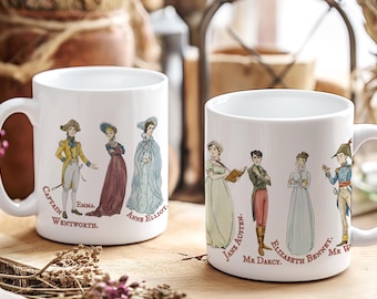 Jane Austen Mug Featuring Comfort Characters Mr Darcy Emma Wickham, Cozy Reader Coffee Cup, Pride and Prejudice Classical Literature Gift