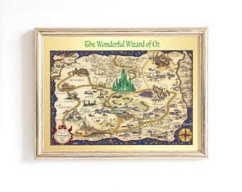 Wizard of Oz Map Wall Art Print, Vintage Fantasy Land of Oz Poster, Emerald City Dorothy Yellow Brick Road Fine Art Giclée Decor
