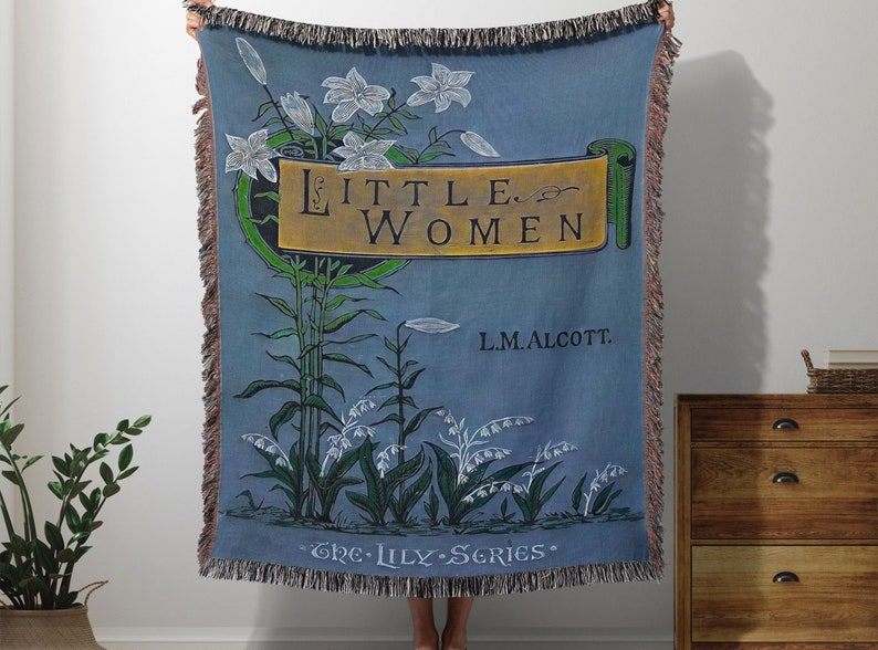 Blue Little Women vintage book cover woven blanket