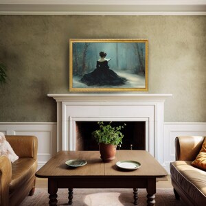 a painting of a woman in a black dress sitting in a living room