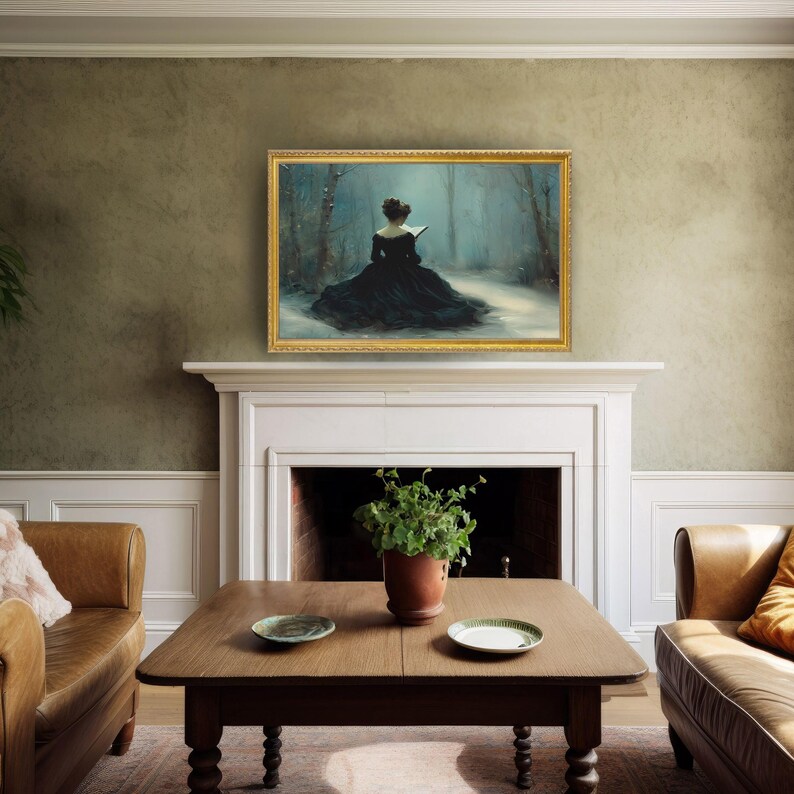 a painting of a woman in a black dress sitting in a living room