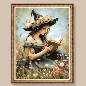 May include: A woman wearing a green dress and a witch's hat with pink flowers sits in a field of wildflowers and reads a book.