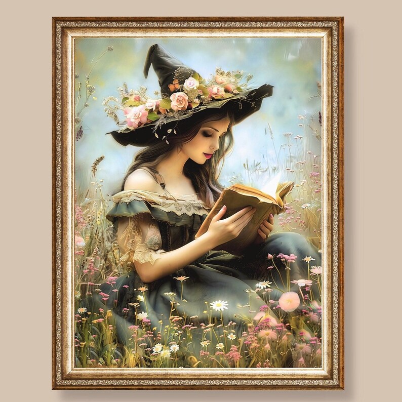 May include: A woman wearing a green dress and a witch's hat with pink flowers sits in a field of wildflowers and reads a book.