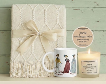 Jane Austen Comfort Characters Care Package, Janeite Hug in a Box Cozy Blanket Mug Candle Hygge Gift Box for Mr Darcy Pride Prejudice Reader