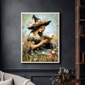May include: A woman wearing a witch hat with floral accents sits in a field of flowers and reads a book. The book is open and the pages are illuminated.