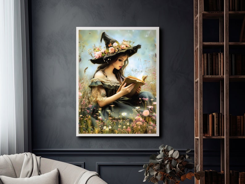 May include: A woman wearing a witch hat with floral accents sits in a field of flowers and reads a book. The book is open and the pages are illuminated.