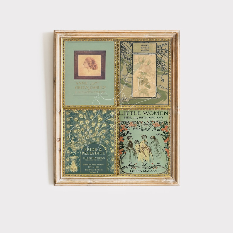 K&ouml;nnte beinhalten: Eine Collage aus Vintage-Buchcovern mit klassischen Literaturtiteln wie "Anne of Green Gables", "Stolz und Vorurteil", "Little Women" und "Jane Eyre". Die Cover sind mit Bildern von Menschen, Blumen und Naturszenen illustriert. Die Cover sind in einem hellgr&uuml;nen und goldenen Farbschema gehalten.