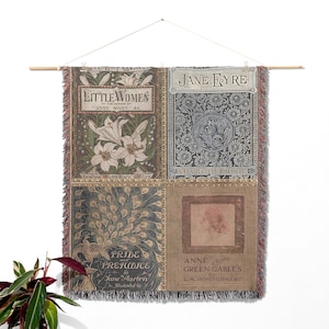 Vintage Book Covers Throw Blanket Tapestry, Jane Austen Woven Wall Hanging Decor Sofa Bed Cover, Anne of Green Gables Throw Blanket Gift