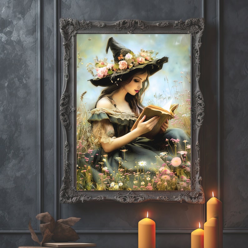 May include: A painting of a woman wearing a witch hat and a green dress, sitting in a field of flowers and reading a book.