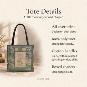 May include: A tote bag featuring a Jane Eyre by Bronte book cover illustration with a pink flower, green landscape, and black handles. Text includes Tote Details, A little room for your next chapter, All-over print, 100% polyester, Cotton handles, and Boxed corners.