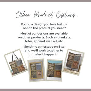 The image is a collage of four photographs depicting various products, including a handbag, blankets, and wall art. The text provides information about the availability of these products on other items, such as tote bags, apparel, and wall art, and invites the viewer to send a message on Etsy to collaborate on making these designs happen.