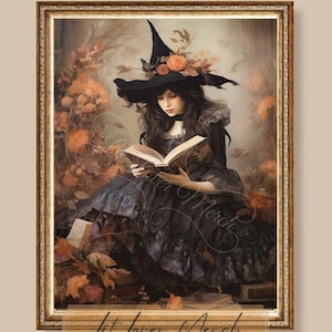 May include: A woman wearing a black witch hat with orange flowers and a black dress is sitting in a forest setting and reading a book. The book is open and the pages are visible. The woman is surrounded by autumn leaves and branches.