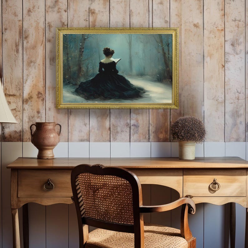 a painting of a woman in a black dress sitting at a desk