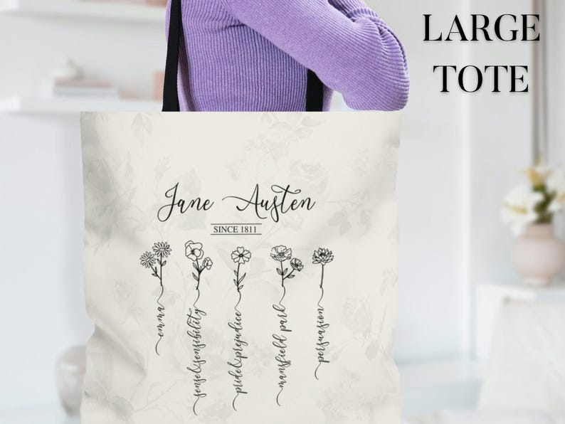 Jane Austen Pride and Prejudice Book Tote Bag, Jane Austen Wildflowers Book Merch, Book Worm Gift, Emma, Cottagecore Bag, Mr Darcy, Bookish Bild 6