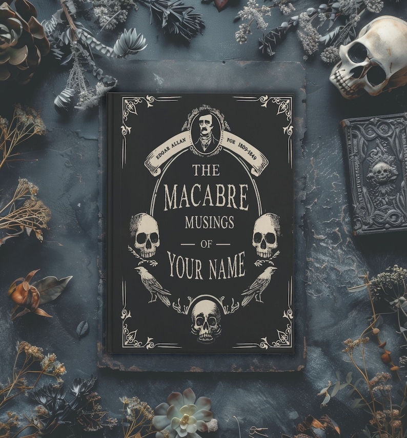 A personalized hardcover notebook in the vintage style with design featuring Edgar Allan Poe.