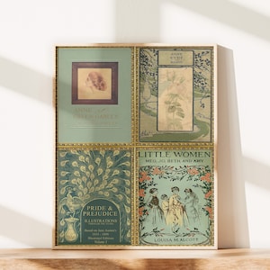 K&ouml;nnte beinhalten: Eine Collage aus vier Vintage-Buchcovern mit klassischen Literaturtiteln: Anne of Green Gables, Jane Eyre, Little Women und Pride and Prejudice. Die Cover sind mit Bildern einer jungen Frau, einer Blume, eines Pfaus und einer Gruppe von M&auml;dchen illustriert.