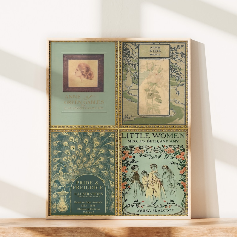 K&ouml;nnte beinhalten: Eine Collage aus vier Vintage-Buchcovern mit klassischen Literaturtiteln: Anne of Green Gables, Jane Eyre, Little Women und Pride and Prejudice. Die Cover sind mit Bildern einer jungen Frau, einer Blume, eines Pfaus und einer Gruppe von M&auml;dchen illustriert.