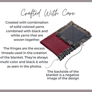 May include: A red and gray woven blanket with fringed edges. The blanket is made with a combination of solid colored yarns, black and white yarns, and multi-colored yarns. The backside of the blanket is a negative image of the design. Crafted with care.