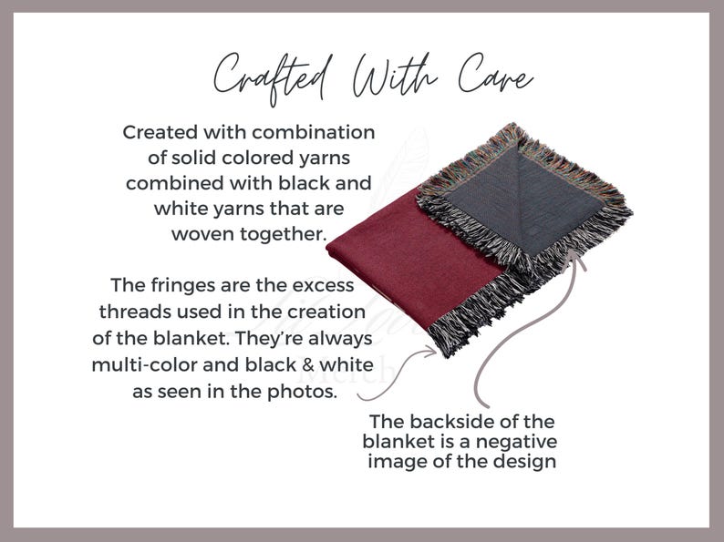 May include: A red and gray woven blanket with fringed edges. The blanket is made with a combination of solid colored yarns, black and white yarns, and multi-colored yarns. The backside of the blanket is a negative image of the design. Crafted with care.