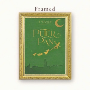 Framed Peter Pan Poster, Nursery Vintage Book Cover Art, Classic Fantasy Wall Decor, Literary Girl Neverland Storybook Dorm Room Print Decor