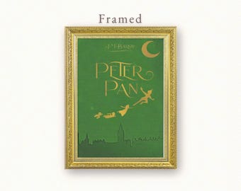 Framed Peter Pan Poster, Nursery Vintage Book Cover Art, Classic Fantasy Wall Decor, Literary Girl Neverland Storybook Dorm Room Print Decor