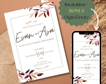 Zweige Hochzeitseinladung, INSTANT DOWNLOAD, editierbar und druckbar, DIY digitale Einladung, terracotta und taupe, Canva, Design 109