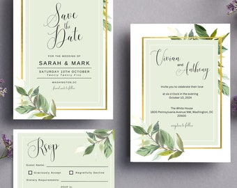 Sofort Download | Grüne Hochzeitseinladung Set | Canva | Hochzeitseinladungs-Set | Moderne Hochzeitseinladung | Motiv 102