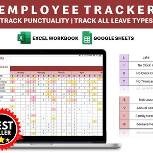 Employee Attendance Tracker, Leave Tracker, Punctuality Tracker, Excel Employee Attendance Spreadsheet, Absence Tracker, Google Sheets