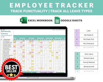 Employee Attendance Tracker, Leave Tracker, Punctuality Tracker, Excel Employee Attendance Spreadsheet, Absence Tracker, Google Sheets