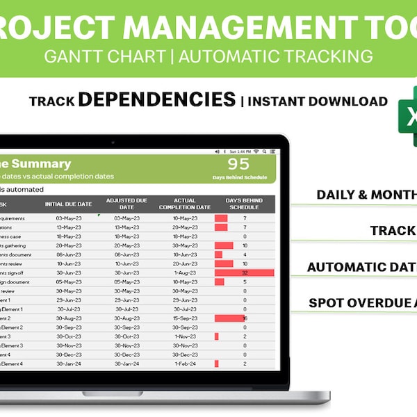 Modello del piano di progetto / diagramma di Gantt con predecessori delle dipendenze delle attività / foglio di calcolo del pianificatore di Excel / budget della sequenza temporale / gestione del progetto