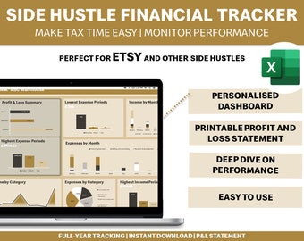 May include: A laptop screen displaying a spreadsheet with charts and graphs for tracking side hustle finances. The spreadsheet is titled "January - December 2024" and includes categories like "Profit & Loss Summary", "Lowest Expense Periods", "Highest Expense Periods", "Expenses by Month", "Income by Category", and "Expenses by Category". The spreadsheet is designed to help users track their income and expenses, monitor performance, and make tax time easier. The image also includes a green Excel icon and text that reads "SIDE HUSTLE FINANCIAL TRACKER", "MAKE TAX TIME EASY | MONITOR PERFORMANCE", "PERFECT FOR ETSY AND OTHER SIDE HUSTLES", "PERSONALISED DASHBOARD", "PRINTABLE PROFIT AND LOSS STATEMENT", "DEEP DIVE ON PERFORMANCE", and "EASY TO USE".