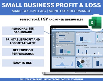 May include: A laptop screen displaying a spreadsheet with charts and graphs showing profit and loss data for a small business. The spreadsheet is titled "January - December 2024" and includes categories such as "Profit & Loss Summary", "Lowest Expense Periods", "Highest Expense Periods", "Expenses by Month", "Income by Category", "Expenses by Category", and "Highest Income Period". The spreadsheet is part of a template for tracking small business finances.