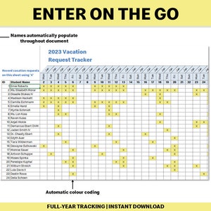 May include: A 2023 vacation request tracker with a calendar grid for tracking employee vacation requests. The calendar grid is labeled with the months of January, February, March, and April. The grid is divided into days of the week, with each day labeled with a number. The grid is filled with yellow squares, which represent vacation days. The grid is also labeled with the names of employees, such as Emie Roberts, Ms. Elisabeth Morar, and Oisselle Stokes V.