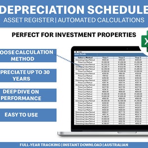 Plantilla de programa de depreciación / Calculadora de línea recta / Método de valor decreciente / Propiedad de inversión / Hoja de cálculo de Excel / Contabilidad