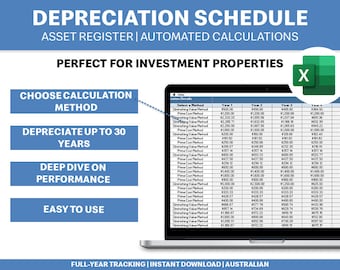 Depreciation Schedule Template | Straight Line Calculator | Diminishing Value Method | Investment Property | Excel Spreadsheet | Bookkeeping