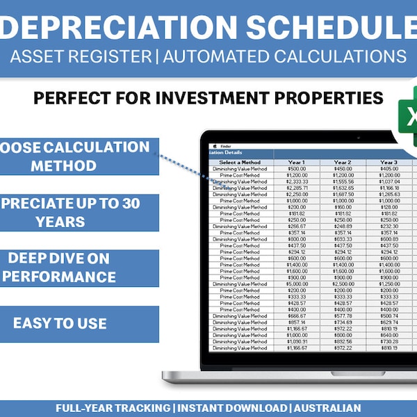 Depreciation Schedule Template | Straight Line Calculator | Diminishing Value Method | Investment Property | Excel Spreadsheet | Bookkeeping